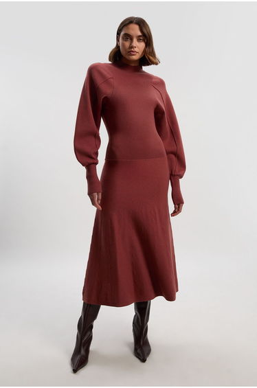 Wool Look Rounded Sleeve Knit Midi Dress