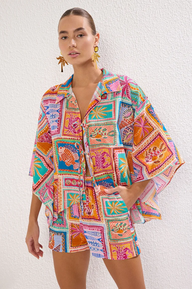 Tropical Patterned Woven 100% Cotton Shirt Shorts Beach Set