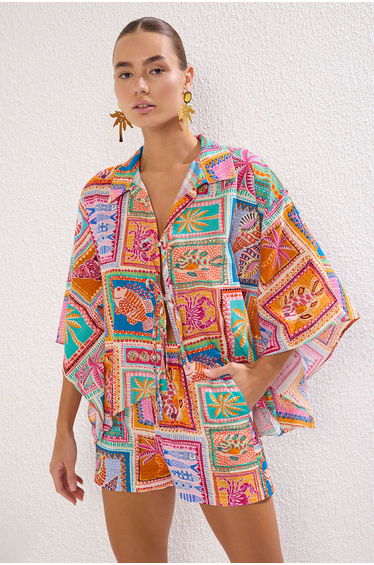 Tropical Patterned Woven 100% Cotton Shirt Shorts Beach Set