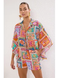 Tropical Patterned Woven 100% Cotton Shirt Shorts Beach Set