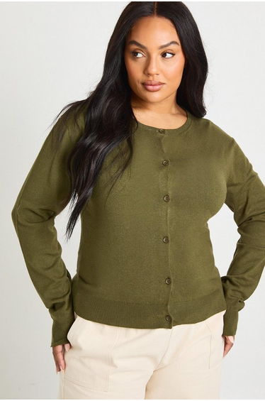 Plus Crew Neck Button Through Cardigan - khaki