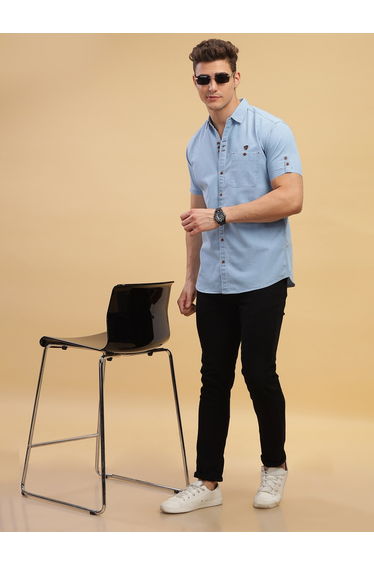 Men Light Blue Denim Short Sleeve Shirt
