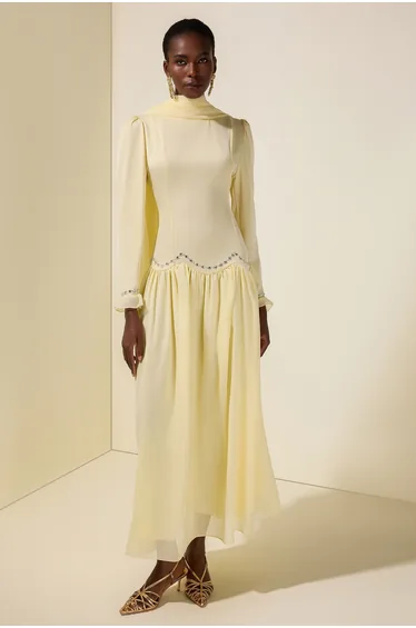 Satin Splicing Chiffon Rhinestone Maxi Dress