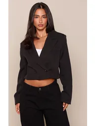 Black Woven Cropped Shoulder Padded Blazer - 5