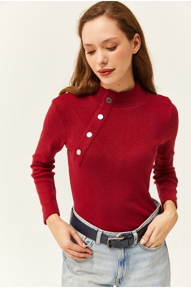 Women's Burgundy Button Detailed Half Fisherman Lycra Top