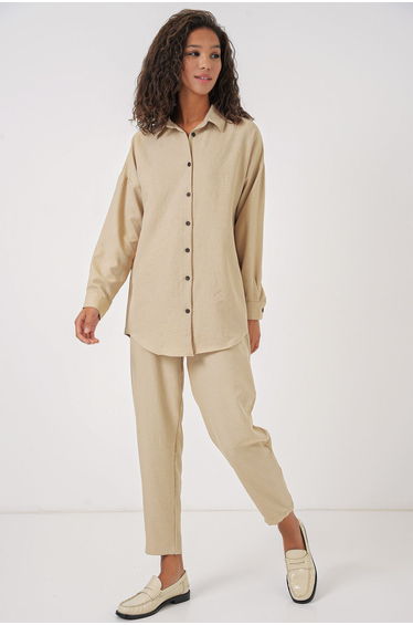 Women's Beige Oversize Linen Bottom Top Set