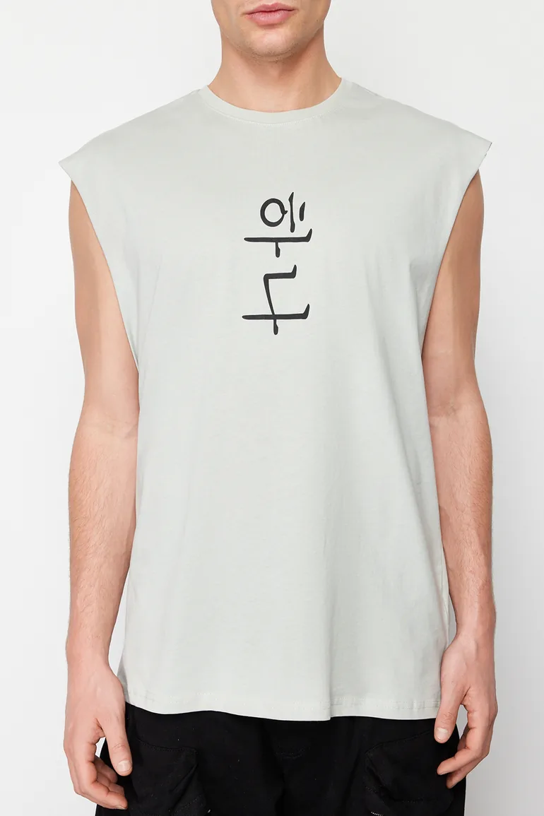 Gray Men's Oversize/Wide Cut Far East Text Printed 100% Cotton Sleeveless T-Shirt/Atlet - 4