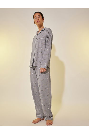 Graphic Print Buttoned Shirt and Pyjama Set