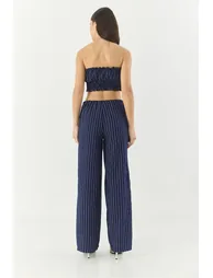 Women's Striped Gipe Detailed Crop Top Waist Drawstring Wide Leg Pants Bottom-Top Suit - 7