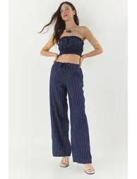 Women's Striped Gipe Detailed Crop Top Waist Drawstring Wide Leg Pants Bottom-Top Suit