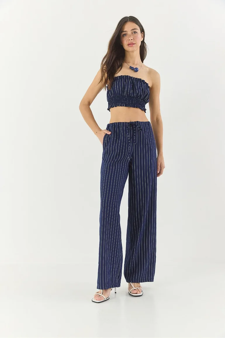 Women's Striped Gipe Detailed Crop Top Waist Drawstring Wide Leg Pants Bottom-Top Suit - 2