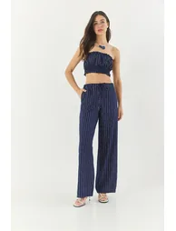 Women's Striped Gipe Detailed Crop Top Waist Drawstring Wide Leg Pants Bottom-Top Suit - 2