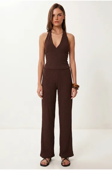 ISTANBUL Textured Halter Vest And Wide-Leg Trousers Set