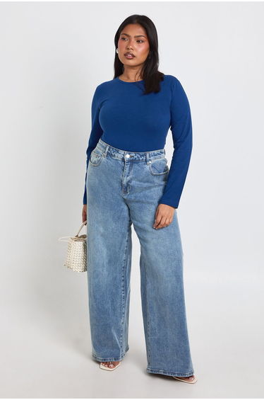 Plus Basic Long Sleeve Crew Neck Bodysuit - navy