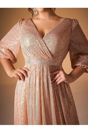 Leely Plus Women's Elegant V Neck Bishop Sleeve Sequin A-Line Dress product thumbnail 2