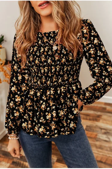 Lvness Black Boho Floral Smocked Bust Ruffled Peplum Blouse