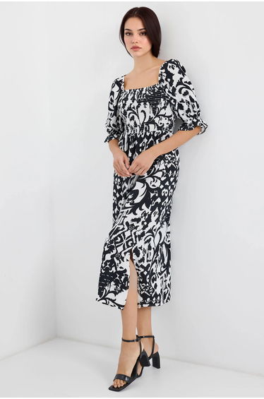 BDART Floral Midi Dress with Square Collar and Slit