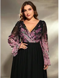 Leely Plus Women's Elegant V Neck Bishop Sleeve Party Dresses - 2