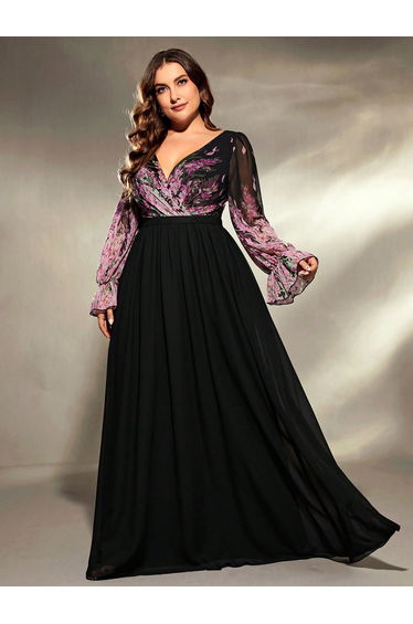 Leely Plus Women's Elegant V Neck Bishop Sleeve Party Dresses