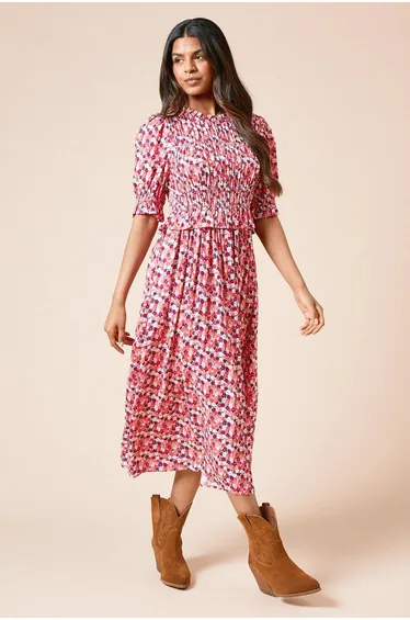 Petite Floral Shirred Bodice Puff Sleeve Midi Dress