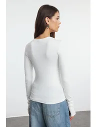 Ecru Viscose/Soft Fabric Stretchy Knitted Blouse with Fingering Detail - 1