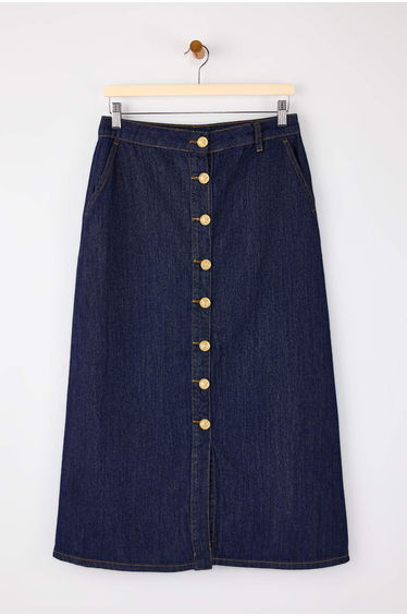 Dark Blue Button Detailed Midi Denim Skirt