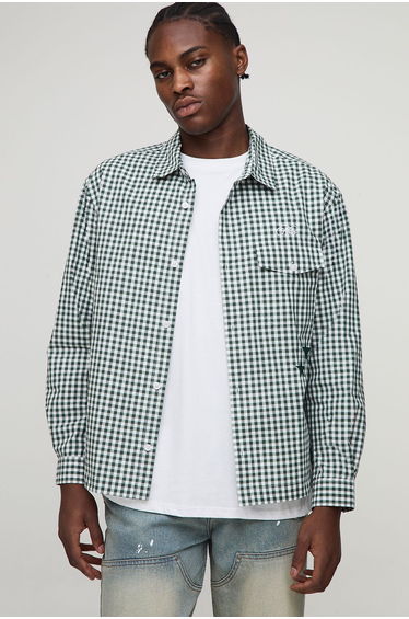 Oversized Pocket Detail Micro Check Long Sleeve Shirt - bottle green