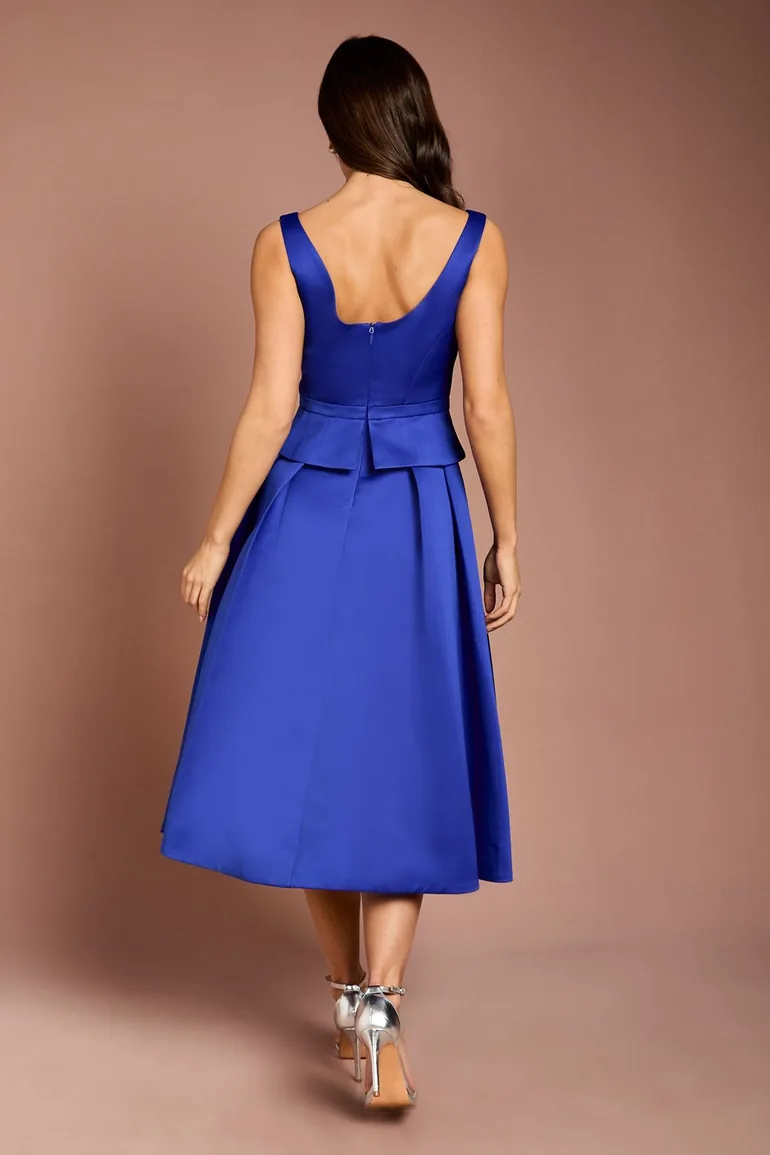 Structured Satin Pleated Peplum Midi Dress - 2