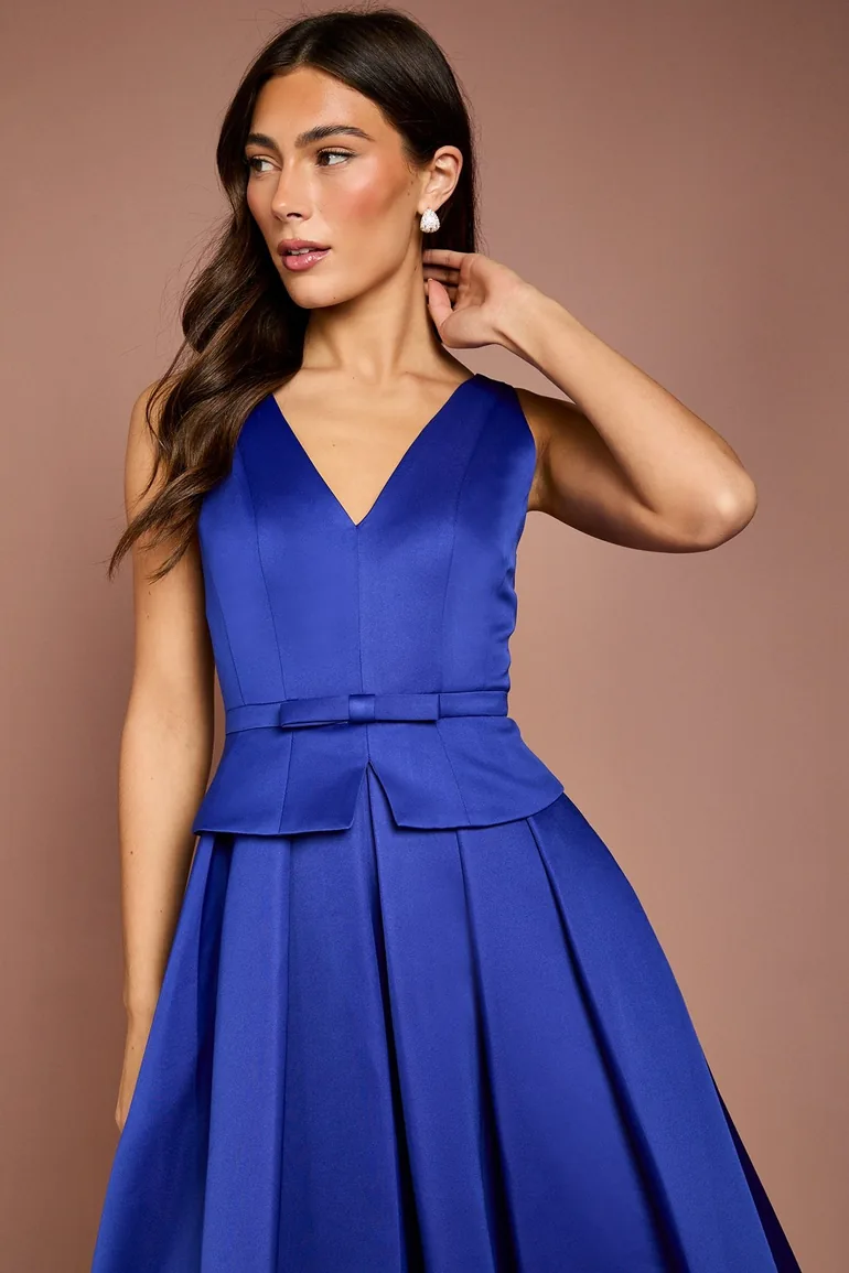 Structured Satin Pleated Peplum Midi Dress - 3