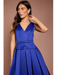 Structured Satin Pleated Peplum Midi Dress - 3