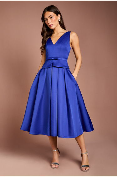 Structured Satin Pleated Peplum Midi Dress