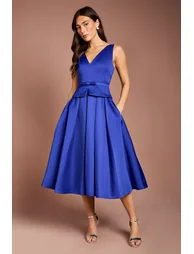 Structured Satin Pleated Peplum Midi Dress