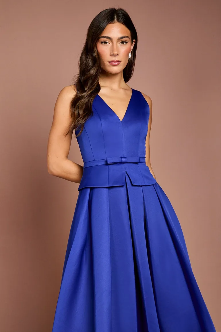 Structured Satin Pleated Peplum Midi Dress - 1