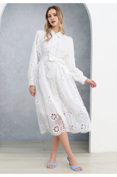 Cutwork Crochet Button Down Midi Dress in White