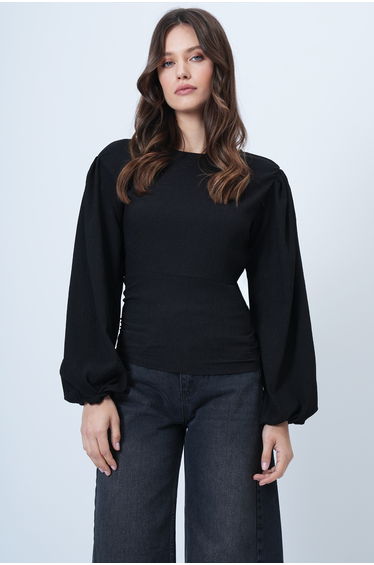 Women's Black Princess Sleeve Boat Neck Waist Corset Blouse