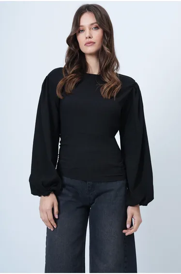 Women's Black Princess Sleeve Boat Neck Waist Corset Blouse