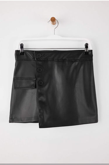 Black Faux Leather Mini Double-Breasted Short Skirt