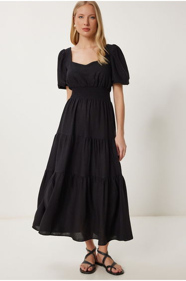 Women's Black Flounced Midi Linen Dress