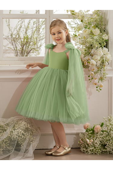 Girls Bow Sleeveless Cape Detail Mesh Dress