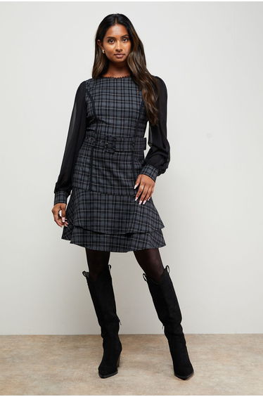Checked Belted Balloon Sleeve Flippy Mini Dress