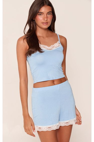 Light Baby Blue Lace Trim Short Pj Set