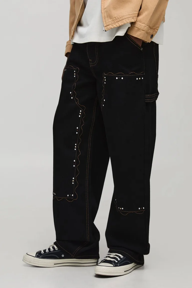 بنطلون جينز مزين بأحجار - أسود