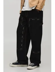 بنطلون جينز مزين بأحجار - أسود