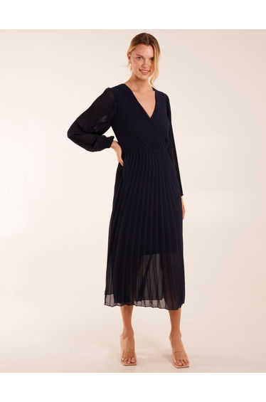 Wrap Front Pleated Midi Dress