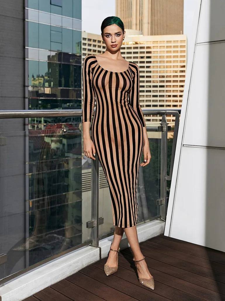 knee length dresses for ladies Foxblood - Victoria Striped Mesh Gown Black - Dress