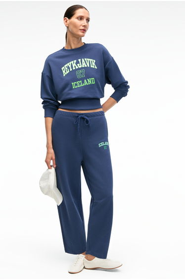 GRIMELANGE EREVYN Women's Relaxed Fit Printed Navy Sweatpants with Pleated Detail at the Hem