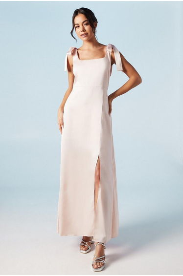 Petite Satin Tie Shoulder Maxi Bridesmaids Dress