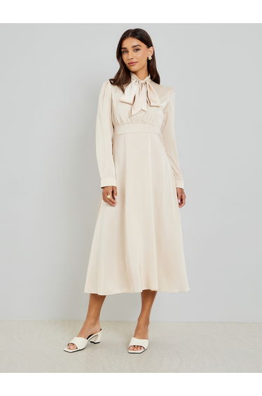 Beige Satin Tie-Up Neck Midi Dress