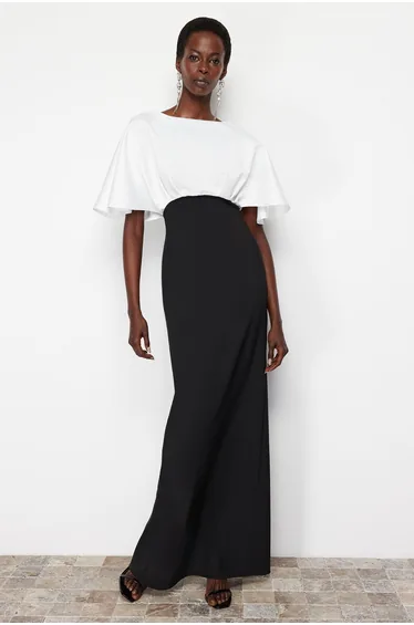 Black and White Top Matte Satin Detailed Long Evening Evening Dress