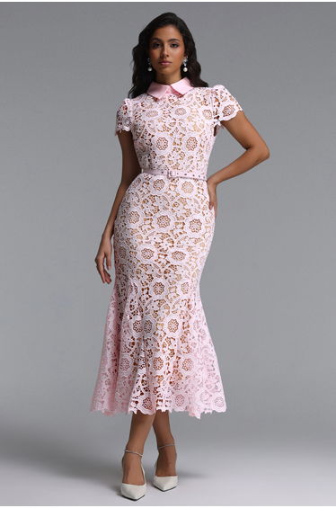 Felix Elegant Cinched Short Sleeve Floral Lace Maxi Dress